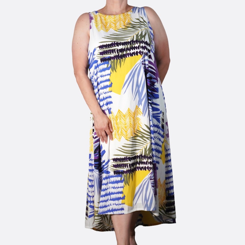 Chico's Tropical Collage Pattern XL 1X Amparo Blue Golden Yellow Midi Dress NWT